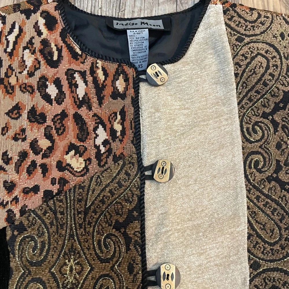 Indigo Moon Patchwork Tapestry Leopard Paisley Velvet Artisan 90s Jacket XS‎